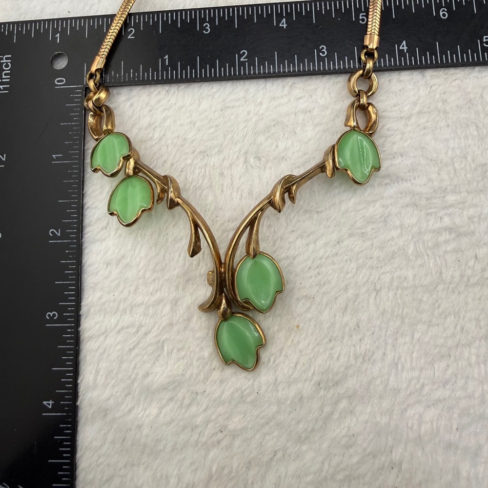 Vintage Trifari Leaf Vine Necklace Green Gold Tone Statement Women 13.5 in - Picture 11 of 11
